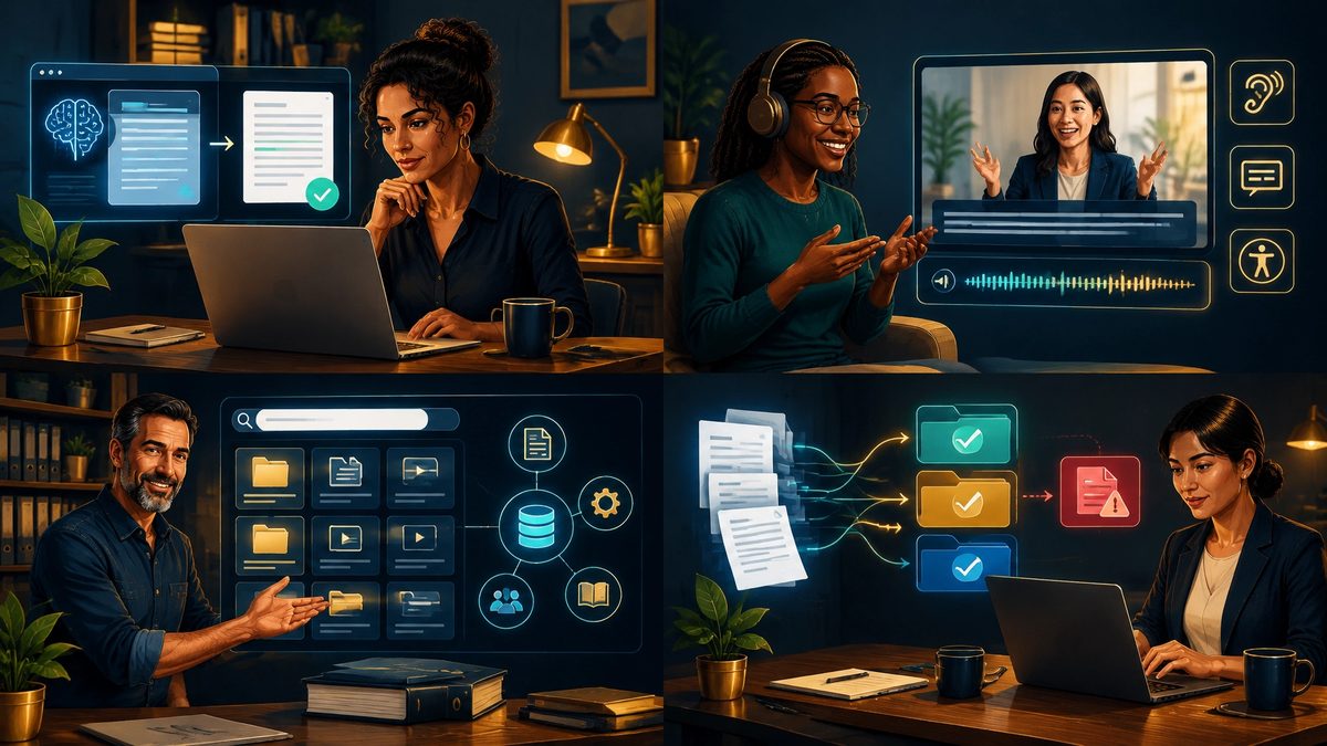 A visual overview of AI-assisted fact checking, accessibility, business knowledge archives, and document organization
